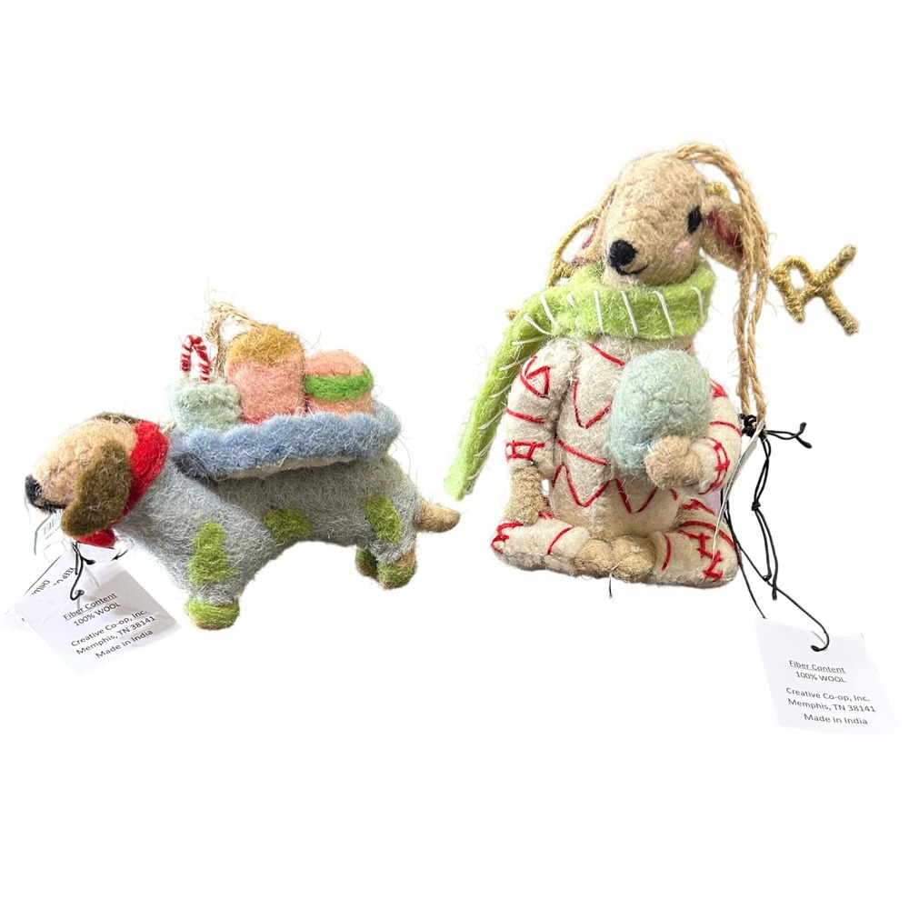 Creative Co-Op Ornaments Wool Felted Dog & Reindeer Set/2 Kellie Montana Holiday